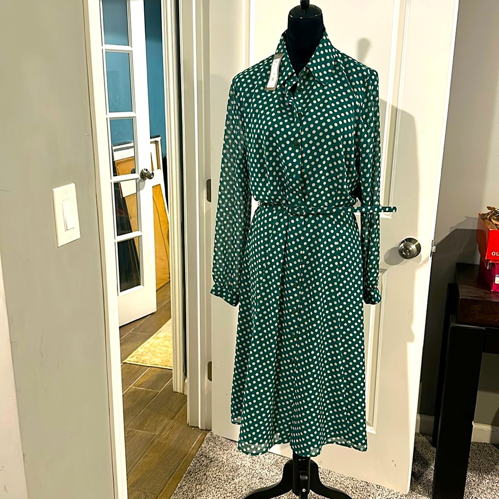 Eva Mendes shirt dress green with white polka dots and belt brand new